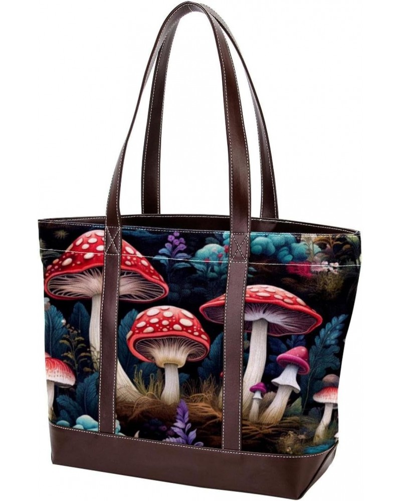 Mushrooms Canvas Leather Mix Crossbody Bag - 13.3x4.7x12.2 in - Stylish and Spacious Shoulder Handbag $22.08 Crossbody Bags