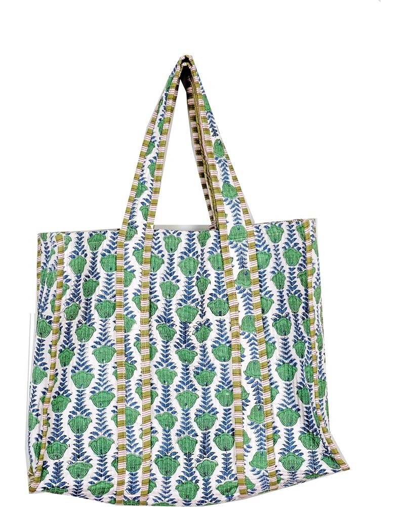 Quilted Cotton Handprinted Reversible Large multicolor Floral Tote Bag Green Cotton $17.39 Totes