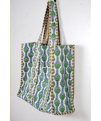 Quilted Cotton Handprinted Reversible Large multicolor Floral Tote Bag Green Cotton $17.39 Totes