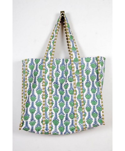 Quilted Cotton Handprinted Reversible Large multicolor Floral Tote Bag Green Cotton $17.39 Totes