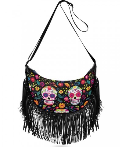 Skull Flowers Day Of The Dead Tassel Crossbody Handbags for Women Ample Capacity Shoulder Bag with Adjustable Strap Durable S...