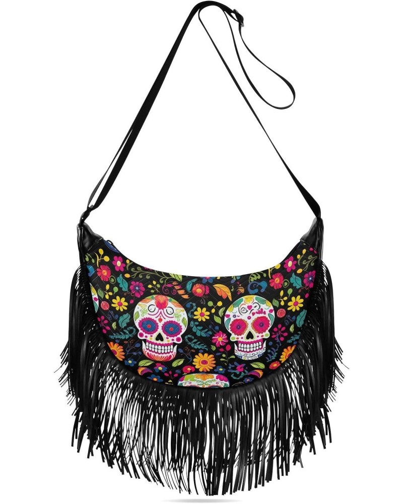 Skull Flowers Day Of The Dead Tassel Crossbody Handbags for Women Ample Capacity Shoulder Bag with Adjustable Strap Durable S...