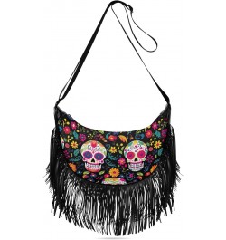 Skull Flowers Day Of The Dead Tassel Crossbody Handbags for Women Ample Capacity Shoulder Bag with Adjustable Strap Durable S...