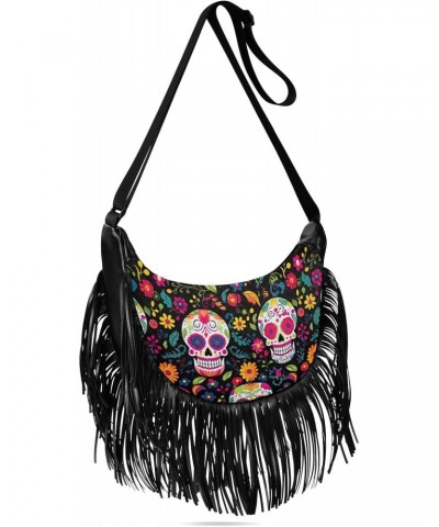 Skull Flowers Day Of The Dead Tassel Crossbody Handbags for Women Ample Capacity Shoulder Bag with Adjustable Strap Durable S...