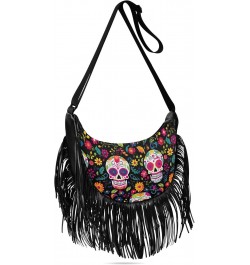 Skull Flowers Day Of The Dead Tassel Crossbody Handbags for Women Ample Capacity Shoulder Bag with Adjustable Strap Durable S...