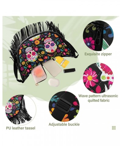 Skull Flowers Day Of The Dead Tassel Crossbody Handbags for Women Ample Capacity Shoulder Bag with Adjustable Strap Durable S...