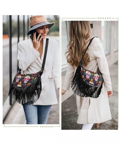 Skull Flowers Day Of The Dead Tassel Crossbody Handbags for Women Ample Capacity Shoulder Bag with Adjustable Strap Durable S...