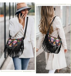 Skull Flowers Day Of The Dead Tassel Crossbody Handbags for Women Ample Capacity Shoulder Bag with Adjustable Strap Durable S...