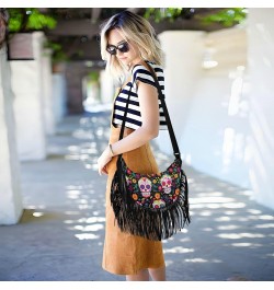 Skull Flowers Day Of The Dead Tassel Crossbody Handbags for Women Ample Capacity Shoulder Bag with Adjustable Strap Durable S...