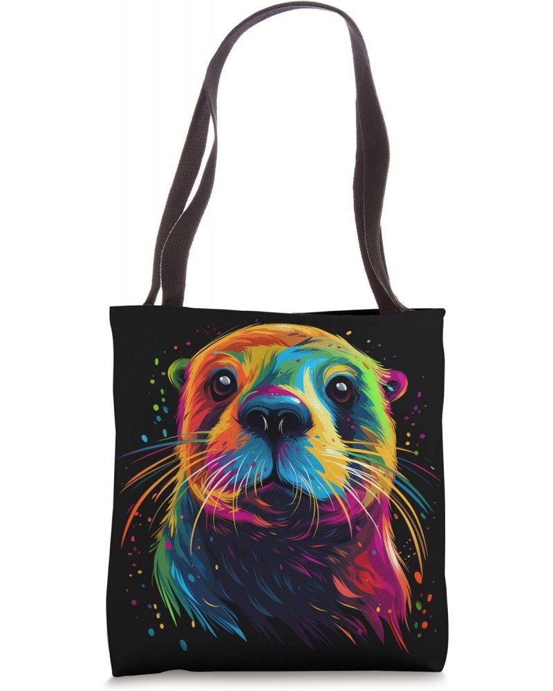 Otter Face Colorful River Sea Animal Art Lover Cute Black Tote Bag $10.50 Totes