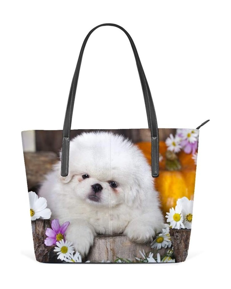 Shopper Bag Large Work Tote Bags Women's PU Leather Fashion Pekingese and Daisy Flowers Handbags Casual Bag $29.99 Totes