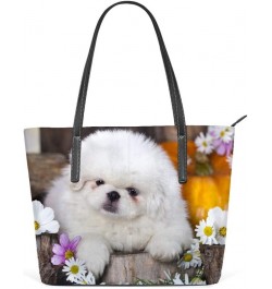 Shopper Bag Large Work Tote Bags Women's PU Leather Fashion Pekingese and Daisy Flowers Handbags Casual Bag $29.99 Totes