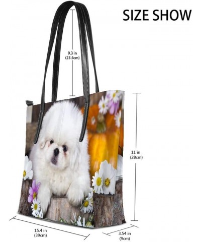 Shopper Bag Large Work Tote Bags Women's PU Leather Fashion Pekingese and Daisy Flowers Handbags Casual Bag $29.99 Totes