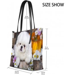 Shopper Bag Large Work Tote Bags Women's PU Leather Fashion Pekingese and Daisy Flowers Handbags Casual Bag $29.99 Totes