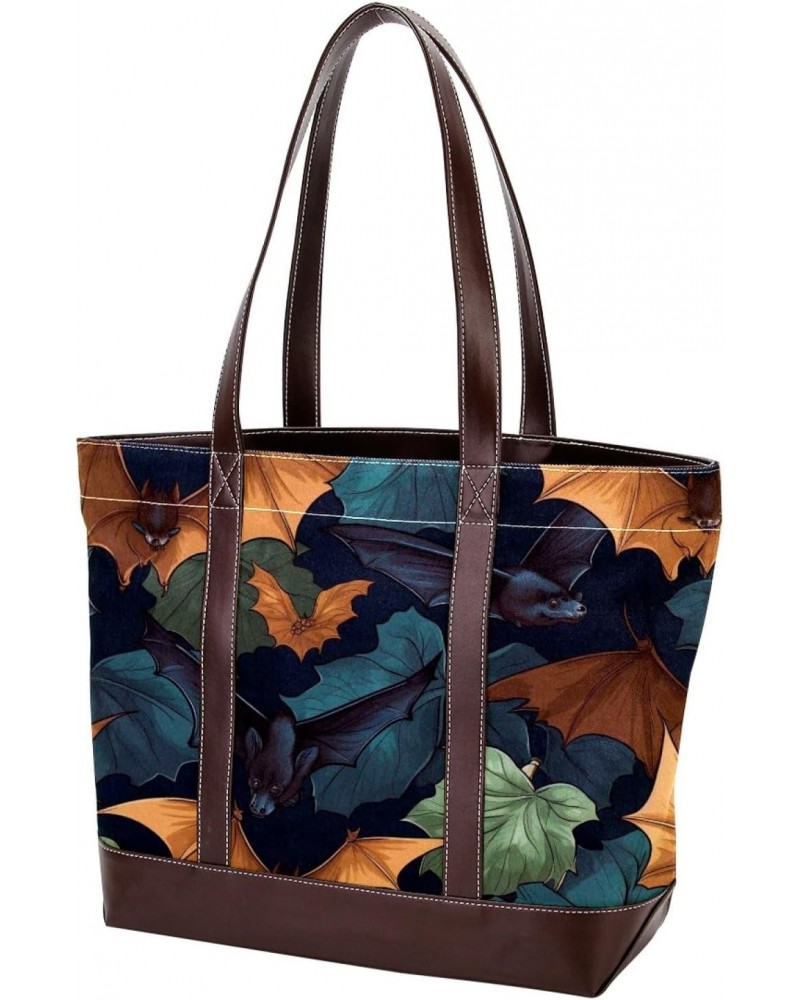 Bat Canvas Leather Mix Tote Bag - Stylish & Spacious Hand-Held Bag 13.3x4.7x12.2 Inches $20.64 Totes