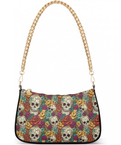 Multicolored Flowers and Skull Retro Classic Shoulder HandBag with Zipper Closure for Women $14.70 Shoulder Bags