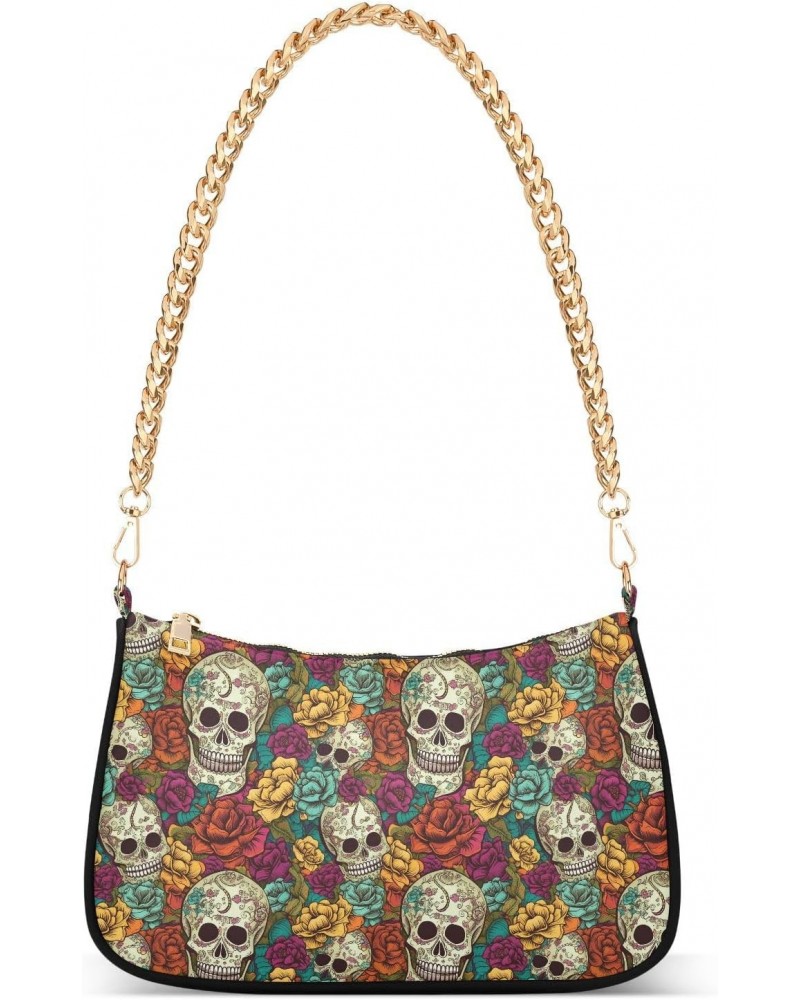 Multicolored Flowers and Skull Retro Classic Shoulder HandBag with Zipper Closure for Women $14.70 Shoulder Bags