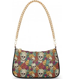 Multicolored Flowers and Skull Retro Classic Shoulder HandBag with Zipper Closure for Women $14.70 Shoulder Bags