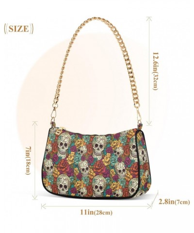 Multicolored Flowers and Skull Retro Classic Shoulder HandBag with Zipper Closure for Women $14.70 Shoulder Bags