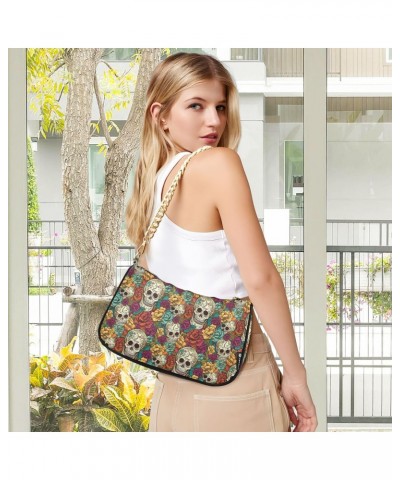 Multicolored Flowers and Skull Retro Classic Shoulder HandBag with Zipper Closure for Women $14.70 Shoulder Bags