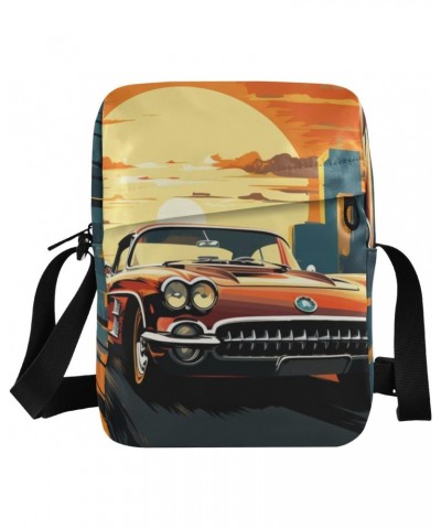 Retro Car Sun Small Crossbody Sling Bag for Women Men, Zipper Closure Messenger Bags Purse with Card Phone Passport Compartme...