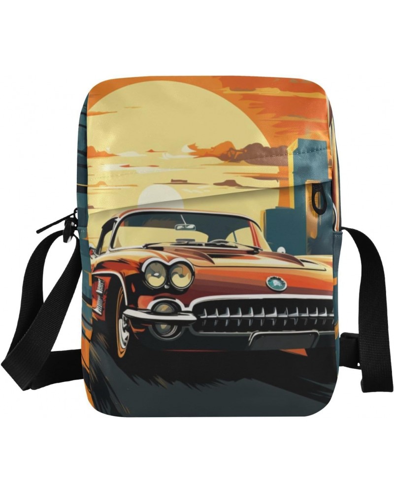 Retro Car Sun Small Crossbody Sling Bag for Women Men, Zipper Closure Messenger Bags Purse with Card Phone Passport Compartme...