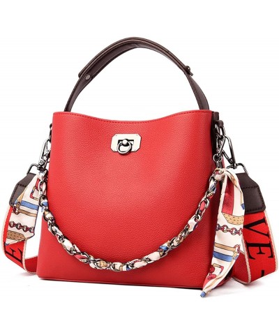 Women Ribbons Handbags Women Tote Bag Ladies Chain Small Shoulder Bags Soft Leather Crossbody Bags for Women Red $34.58 Totes