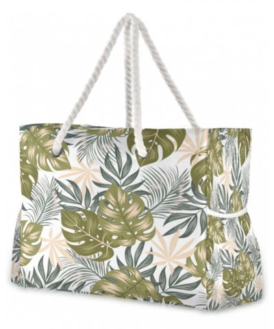 Tropical Leaves Beach Bag, Large Beach Bag with Zipper and Wet Pocket, Lightweight and Waterproof for Pool, Beach, Travel, Gy...