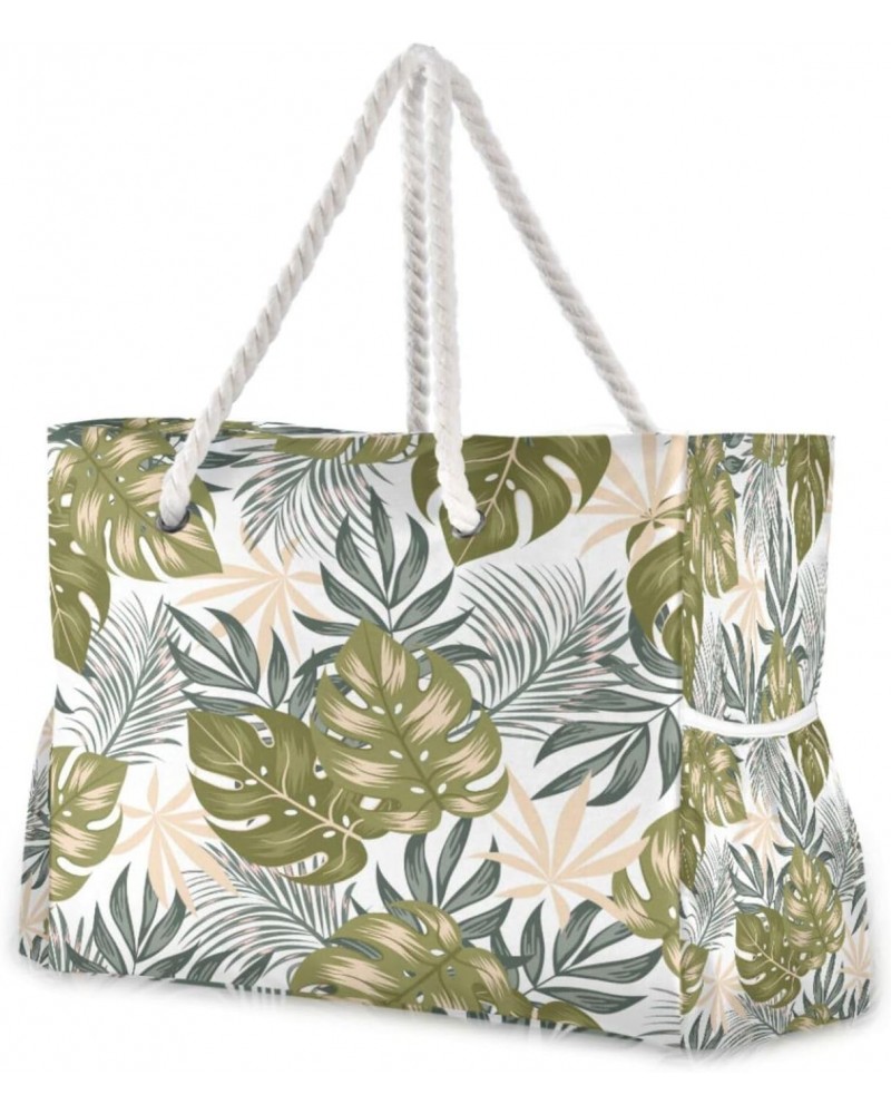 Tropical Leaves Beach Bag, Large Beach Bag with Zipper and Wet Pocket, Lightweight and Waterproof for Pool, Beach, Travel, Gy...