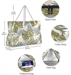 Tropical Leaves Beach Bag, Large Beach Bag with Zipper and Wet Pocket, Lightweight and Waterproof for Pool, Beach, Travel, Gy...