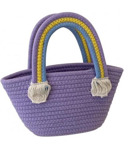 Cotton Handmade Women's Tote Handbags Hand-Woven Purse with Rainbow Handles Summer Beach Tote Bag Travel Bag Holiday Purple $...