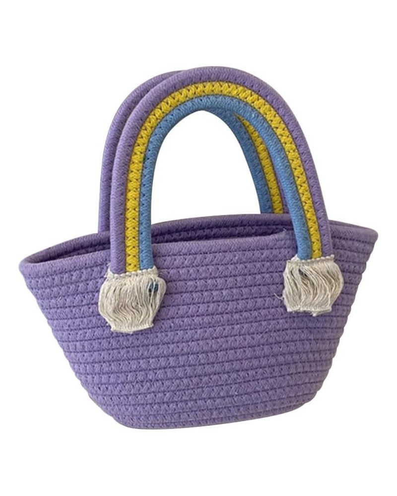 Cotton Handmade Women's Tote Handbags Hand-Woven Purse with Rainbow Handles Summer Beach Tote Bag Travel Bag Holiday Purple $...