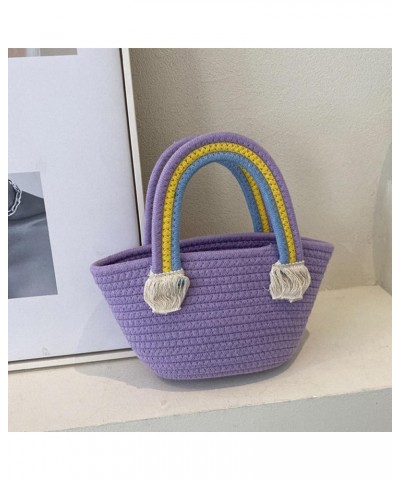 Cotton Handmade Women's Tote Handbags Hand-Woven Purse with Rainbow Handles Summer Beach Tote Bag Travel Bag Holiday Purple $...