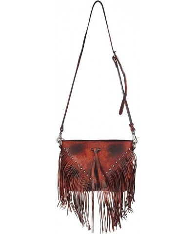 Women Handmade Dip Dye Leather Fringe Bohemian Tassel Studed Cross Body Bag Burgundy $30.30 Crossbody Bags