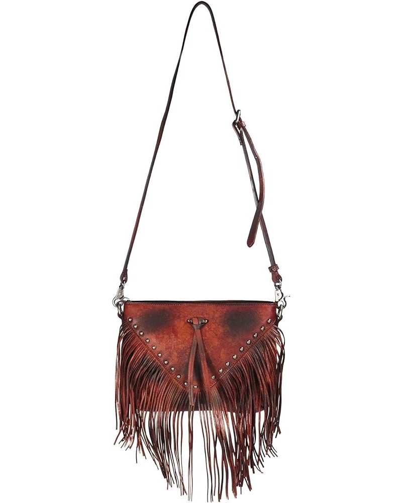 Women Handmade Dip Dye Leather Fringe Bohemian Tassel Studed Cross Body Bag Burgundy $30.30 Crossbody Bags