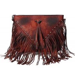 Women Handmade Dip Dye Leather Fringe Bohemian Tassel Studed Cross Body Bag Burgundy $30.30 Crossbody Bags