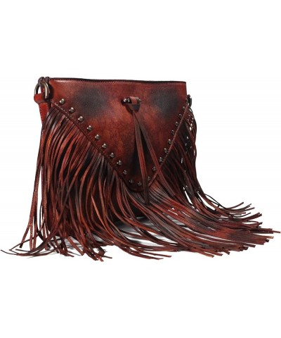 Women Handmade Dip Dye Leather Fringe Bohemian Tassel Studed Cross Body Bag Burgundy $30.30 Crossbody Bags