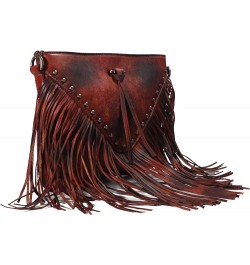 Women Handmade Dip Dye Leather Fringe Bohemian Tassel Studed Cross Body Bag Burgundy $30.30 Crossbody Bags