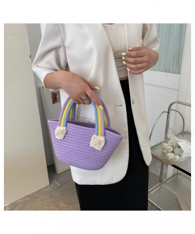 Cotton Handmade Women's Tote Handbags Hand-Woven Purse with Rainbow Handles Summer Beach Tote Bag Travel Bag Holiday Purple $...