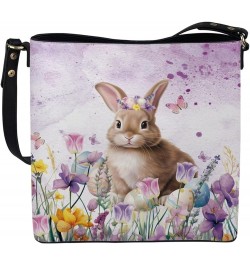 PU Leather Tote Bag Travel Hobo Handbag for Women Leather Crossbody Purse Shoulder Bag with Adjustable Strap Rabbit Purple Fl...