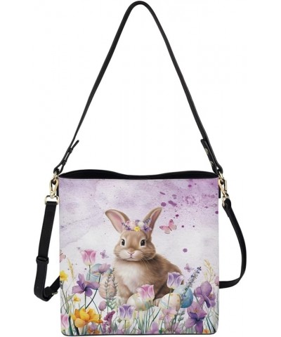 PU Leather Tote Bag Travel Hobo Handbag for Women Leather Crossbody Purse Shoulder Bag with Adjustable Strap Rabbit Purple Fl...