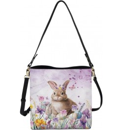 PU Leather Tote Bag Travel Hobo Handbag for Women Leather Crossbody Purse Shoulder Bag with Adjustable Strap Rabbit Purple Fl...