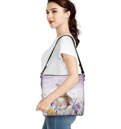 PU Leather Tote Bag Travel Hobo Handbag for Women Leather Crossbody Purse Shoulder Bag with Adjustable Strap Rabbit Purple Fl...