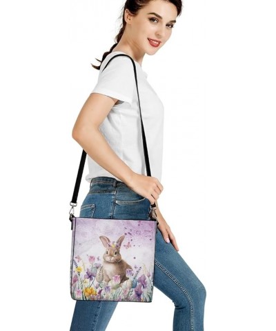 PU Leather Tote Bag Travel Hobo Handbag for Women Leather Crossbody Purse Shoulder Bag with Adjustable Strap Rabbit Purple Fl...