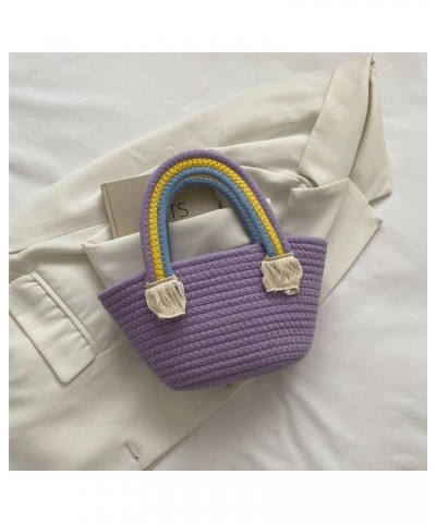 Cotton Handmade Women's Tote Handbags Hand-Woven Purse with Rainbow Handles Summer Beach Tote Bag Travel Bag Holiday Purple $...