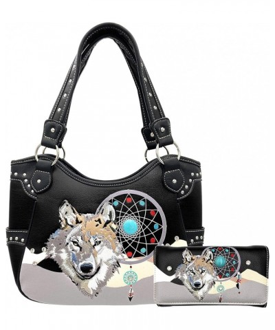 Wolf Embroidery Dream Catcher Feather Tribal Conceal Carry Tote Handbag Purse Black Purse Wallet Set $14.53 Totes