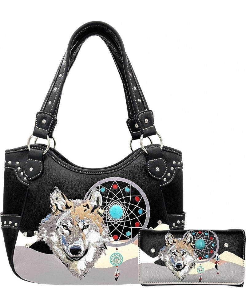 Wolf Embroidery Dream Catcher Feather Tribal Conceal Carry Tote Handbag Purse Black Purse Wallet Set $14.53 Totes