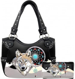 Wolf Embroidery Dream Catcher Feather Tribal Conceal Carry Tote Handbag Purse Black Purse Wallet Set $14.53 Totes