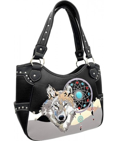 Wolf Embroidery Dream Catcher Feather Tribal Conceal Carry Tote Handbag Purse Black Purse Wallet Set $14.53 Totes