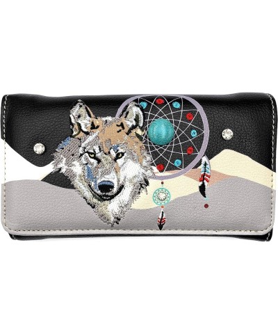 Wolf Embroidery Dream Catcher Feather Tribal Conceal Carry Tote Handbag Purse Black Purse Wallet Set $14.53 Totes